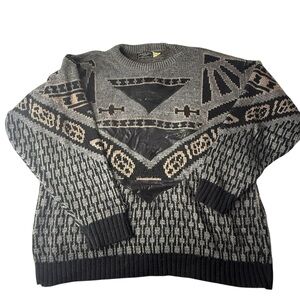 Men's Geometric Pattern Sweater - Black and Gray Large Vintage‎
